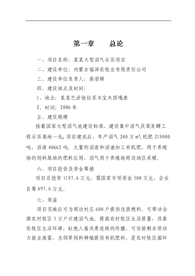 （終稿）某農村大型沼氣示范新增項目投資立項申報計劃書.doc（最終版）第1頁