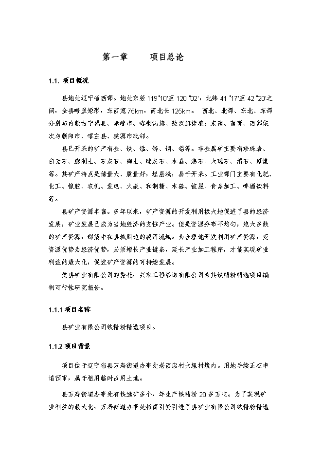 （終稿）鐵精粉精選新增項目投資立項申報計劃書.doc（最終版）第1頁