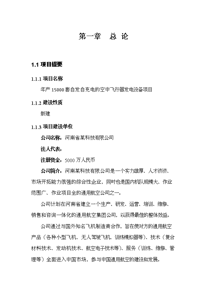 （終稿）產15000套自發自充電空中飛行器發電設備新增項目可行性投資論證建議書.doc（最終版）第1頁