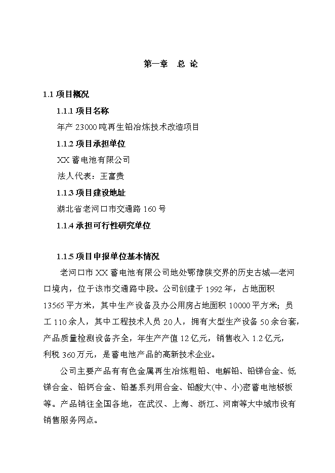 （終稿）再生鉛冶煉技術改造新增項目可行性投資論證建議書.doc（最終版）第1頁