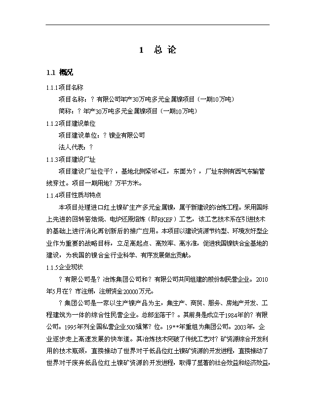 （項目成果）30萬噸多元金屬鎳項目可行性論證申報材料（華經縱橫）