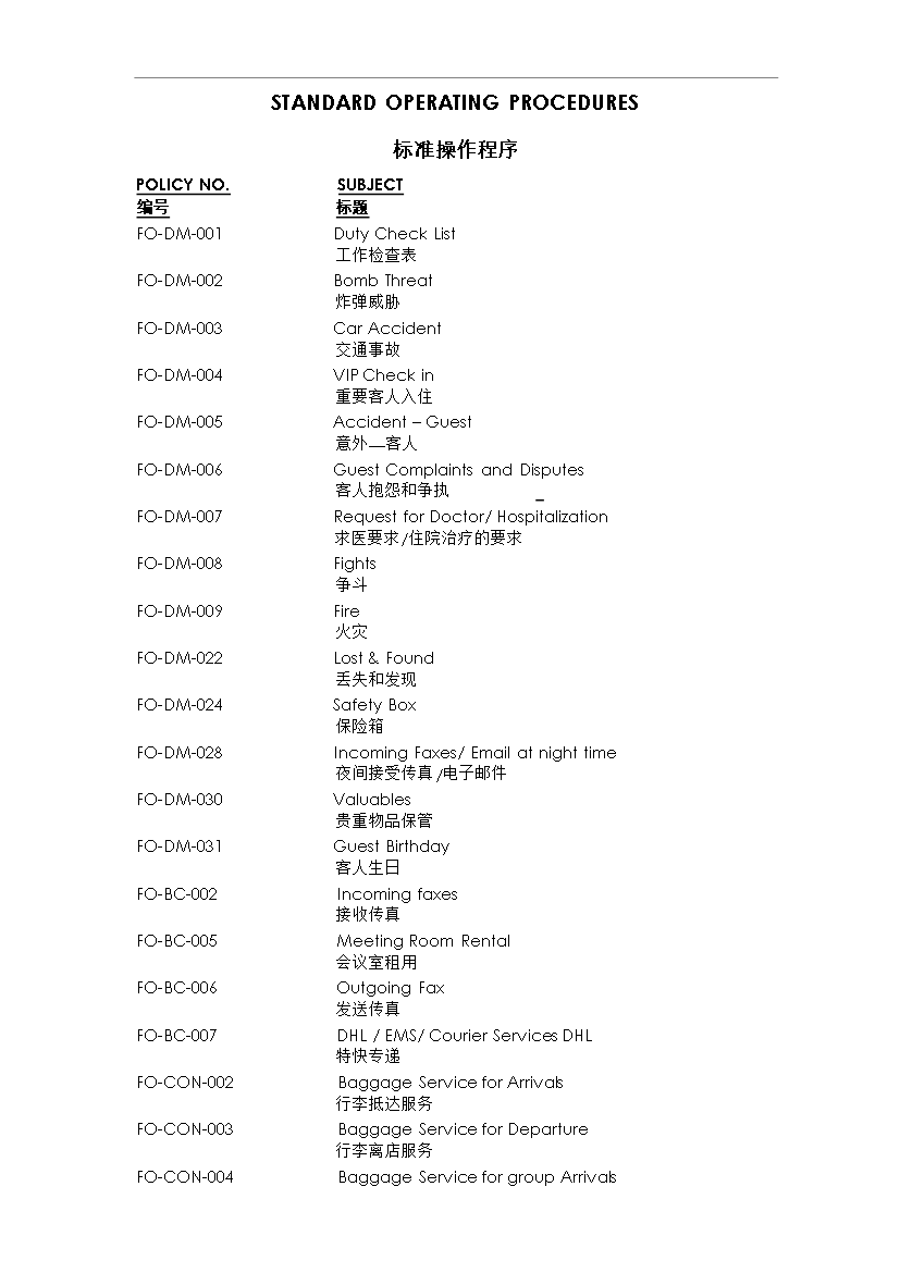 FO_SOP前廳部酒店標準操作程序(中英文對照)管理資料_制度匯編第1頁