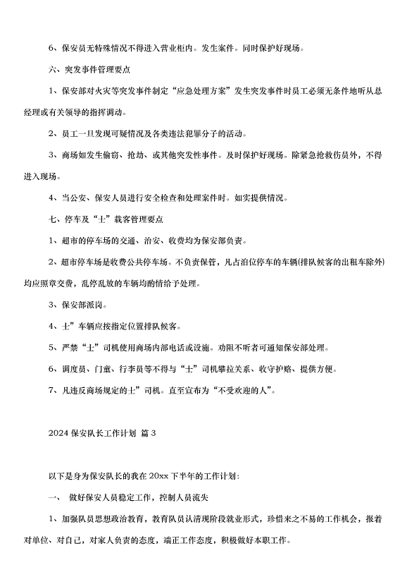 2024保安隊長工作計劃（35篇）第4頁
