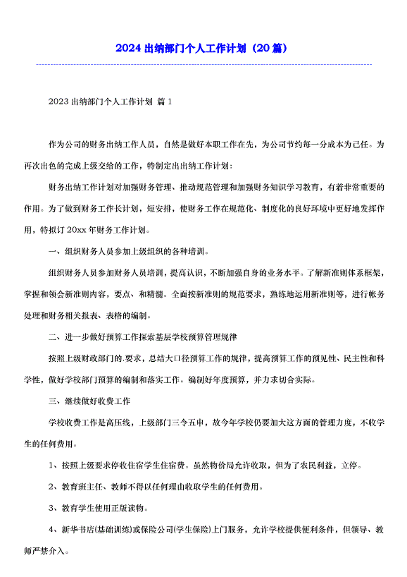 2024出納部門個人工作計劃（20篇）第1頁